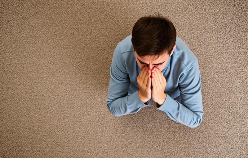 Person experiencing allergies caused by dirty carpet